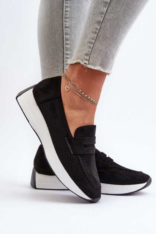 Sieviešu mokasīni ar apzeltītu zoli Eko zamšādaoIne melnas krāsas Inesqua