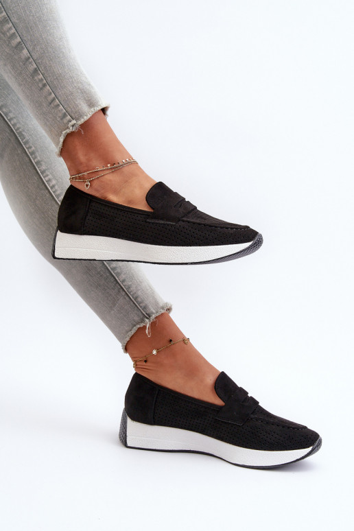 Sieviešu mokasīni ar apzeltītu zoli Eko zamšādaoIne melnas krāsas Inesqua