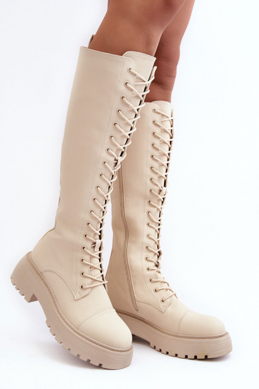 šņorējami siltināti garie zābaki Kerzi Pirms ceļgala smilšu krāsas Bergdis