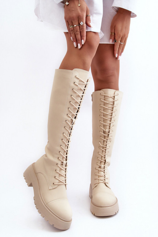 šņorējami siltināti garie zābaki Kerzi Pirms ceļgala smilšu krāsas Bergdis