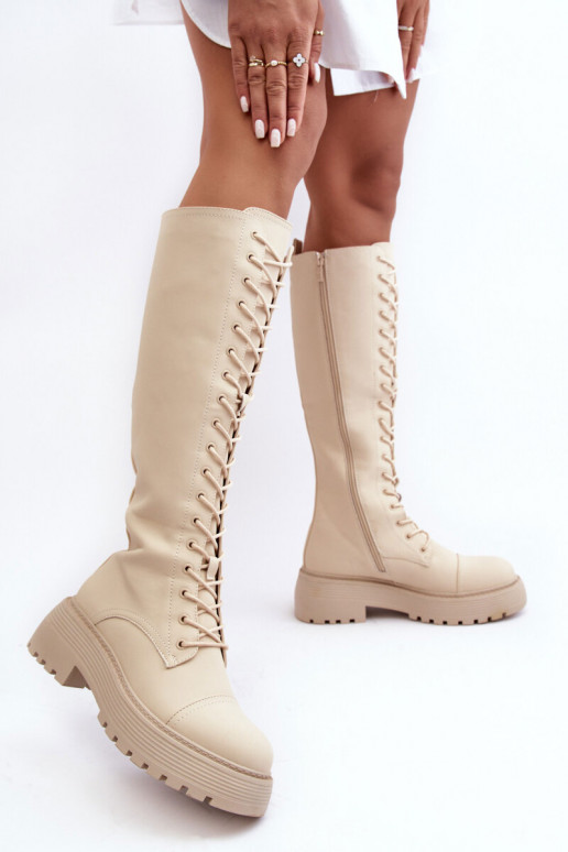 šņorējami siltināti garie zābaki Kerzi Pirms ceļgala smilšu krāsas Bergdis