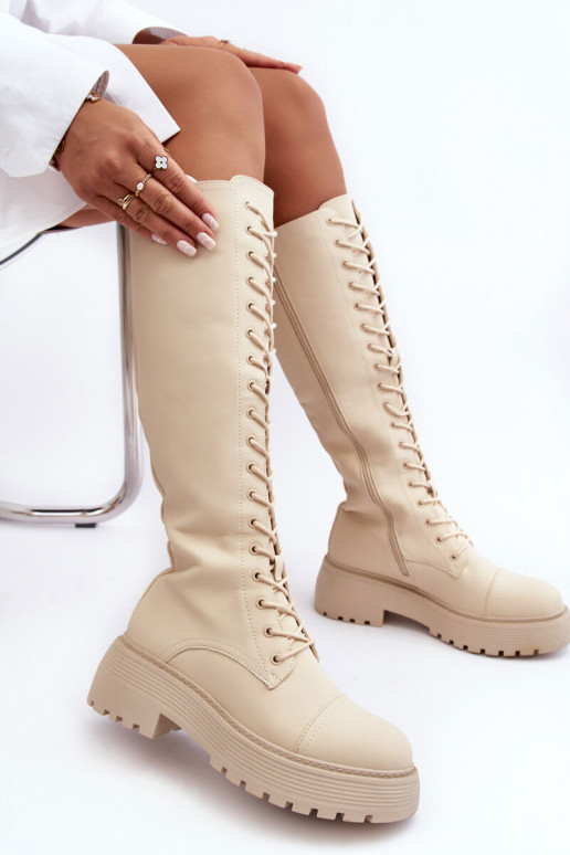 šņorējami siltināti garie zābaki Kerzi Pirms ceļgala smilšu krāsas Bergdis