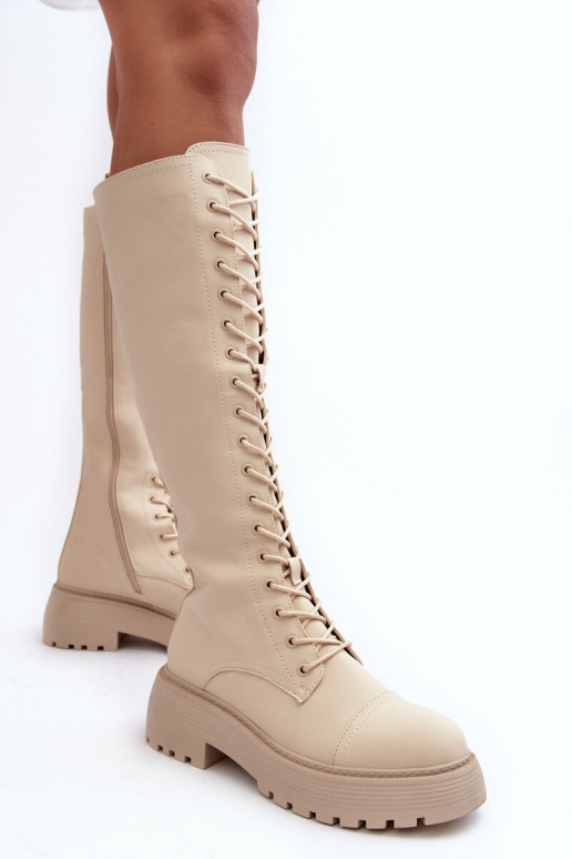 šņorējami siltināti garie zābaki Kerzi Pirms ceļgala smilšu krāsas Bergdis