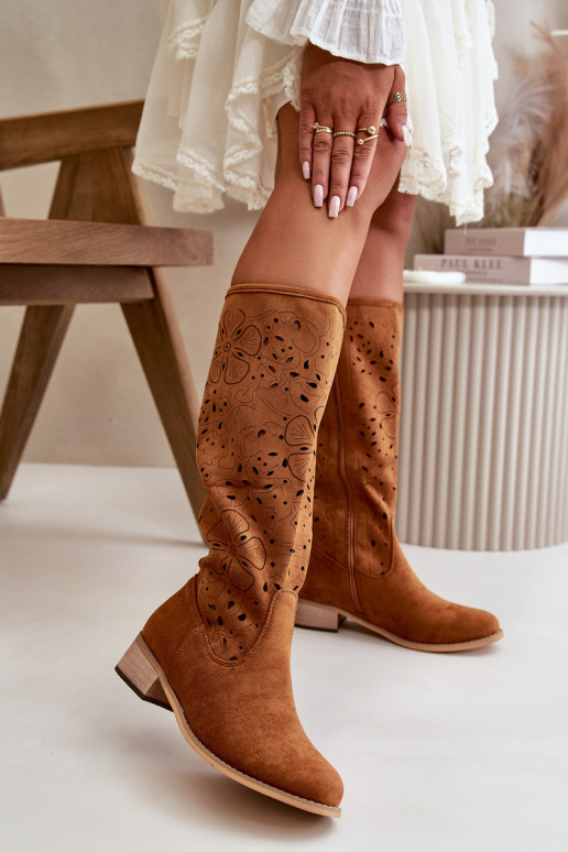 Ažūrs sieviešu garie zābaki Uz Zema Papēža Eko zamšādaoIne Aizsprādzējamas Uz pili brūnas krāsas Orchides