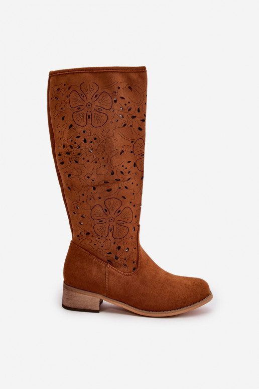 Ažūrs sieviešu garie zābaki Uz Zema Papēža Eko zamšādaoIne Aizsprādzējamas Uz pili brūnas krāsas Orchides