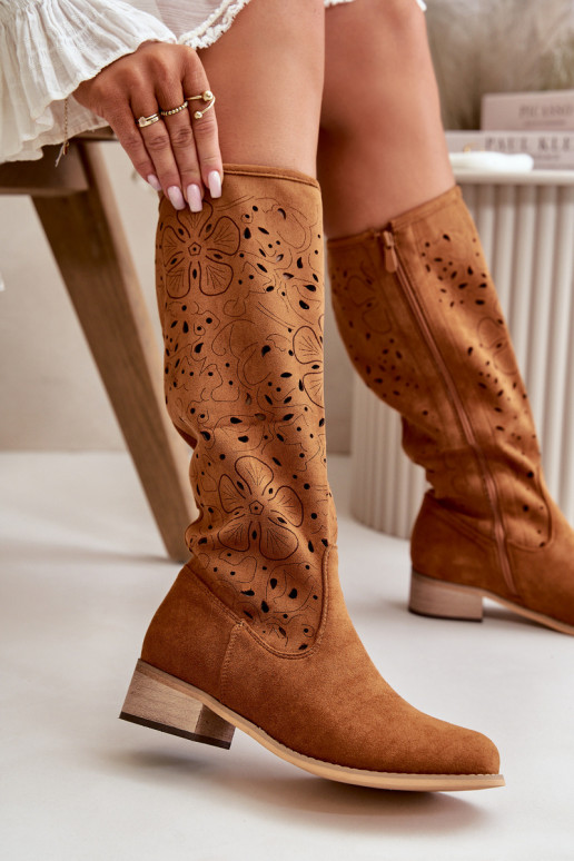 Ažūrs sieviešu garie zābaki Uz Zema Papēža Eko zamšādaoIne Aizsprādzējamas Uz pili brūnas krāsas Orchides