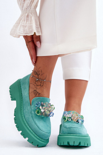 Sieviešu mokasīni ar mākslīgiem kristāliem Zaļas krāsas Avril 2