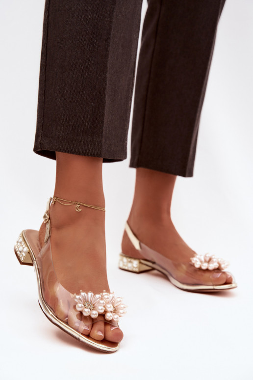 Caurspīdīgas sandales Uz Zema Papēža Ar greznui Detalami D&A MR52-229 Zelta krāsas