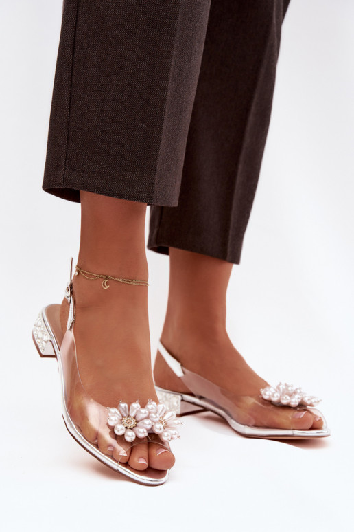 Caurspīdīgas sandales Uz Zema Papēža Ar greznui Detalami D&A MR52-229 Sudraba krāsas