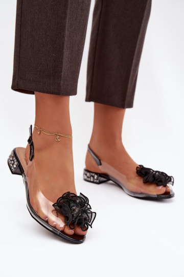 Caurspīdīgas sandales Uz Zema Papēža ar mirdzošiem spīdumiem Un Dekorācija D&A MR52-230 melnas krāsas