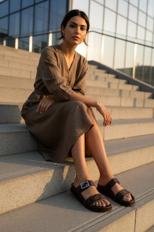 Sieviešu čības ar zelta sprādzēm, brūnā krāsā