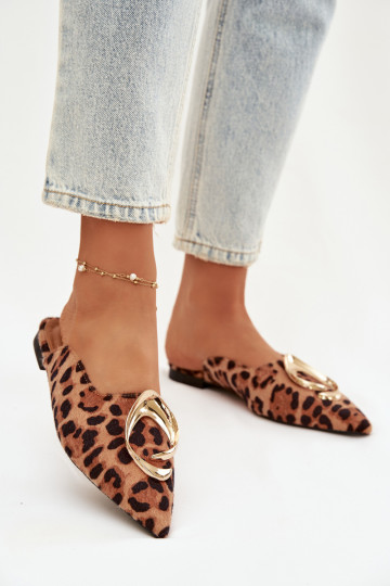 sieviešu čības Mule Ar greznu Zelta krāsasm Detalem ar leoparda kažokādas rakstu Galvella