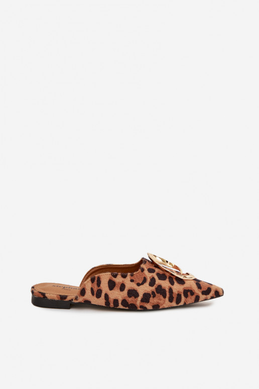 sieviešu čības Mule Ar greznu Zelta krāsasm Detalem ar leoparda kažokādas rakstu Galvella