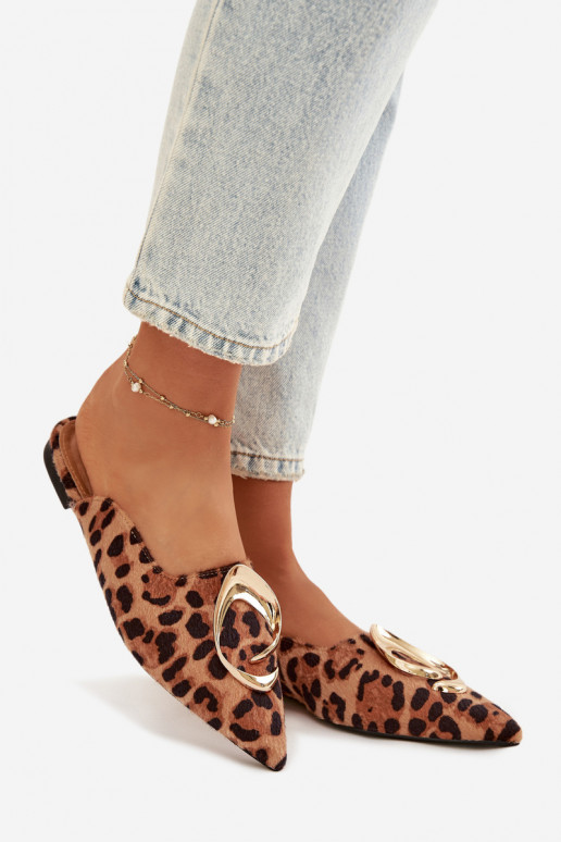 sieviešu čības Mule Ar greznu Zelta krāsasm Detalem ar leoparda kažokādas rakstu Galvella