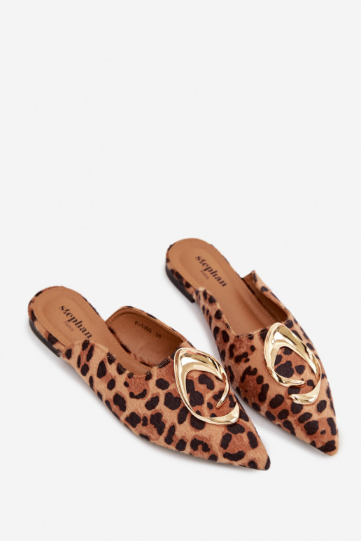 sieviešu čības Mule Ar greznu Zelta krāsasm Detalem ar leoparda kažokādas rakstu Galvella