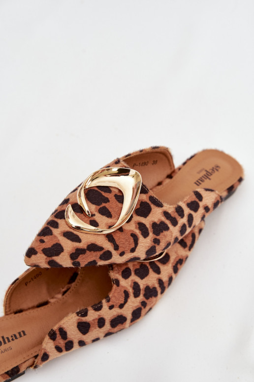 sieviešu čības Mule Ar greznu Zelta krāsasm Detalem ar leoparda kažokādas rakstu Galvella