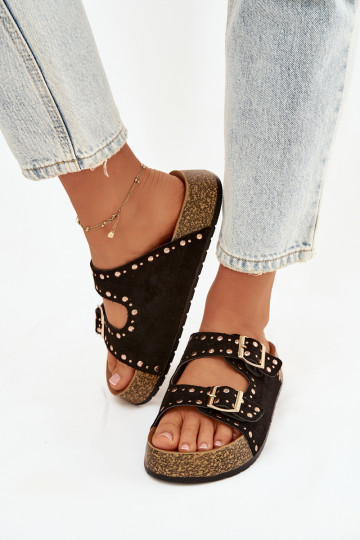 sieviešu čības Ze Zelta krāsasmi ar sprādzēmmi Un kniedes melnas krāsas Tervina