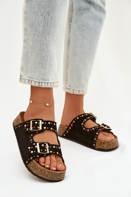 sieviešu čības Ze Zelta krāsasmi ar sprādzēmmi Un kniedes melnas krāsas Tervina