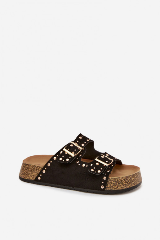 sieviešu čības Ze Zelta krāsasmi ar sprādzēmmi Un kniedes melnas krāsas Tervina