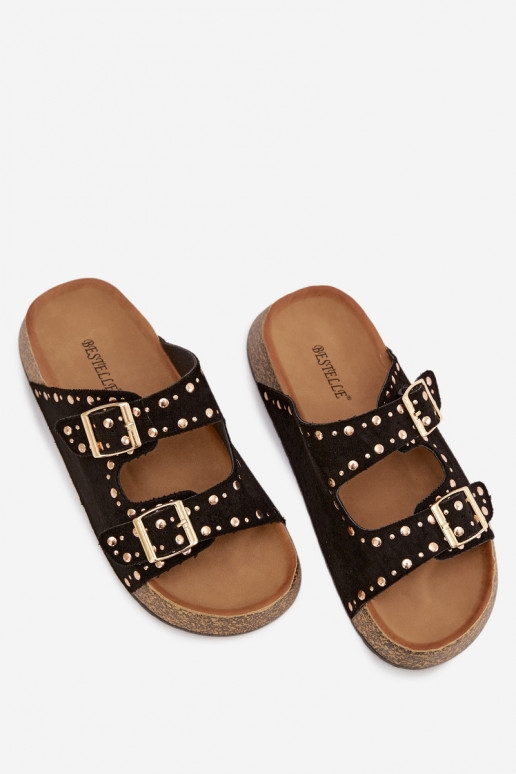 sieviešu čības Ze Zelta krāsasmi ar sprādzēmmi Un kniedes melnas krāsas Tervina