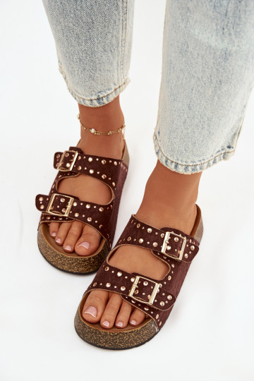 sieviešu čības Ze Zelta krāsasmi ar sprādzēmmi Un kniedes brūnas krāsas Tervina