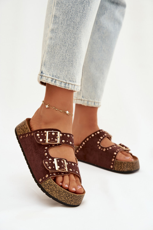 sieviešu čības Ze Zelta krāsasmi ar sprādzēmmi Un kniedes brūnas krāsas Tervina