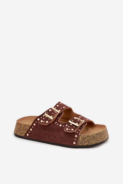 sieviešu čības Ze Zelta krāsasmi ar sprādzēmmi Un kniedes brūnas krāsas Tervina