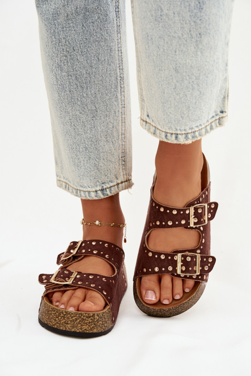 sieviešu čības Ze Zelta krāsasmi ar sprādzēmmi Un kniedes brūnas krāsas Tervina