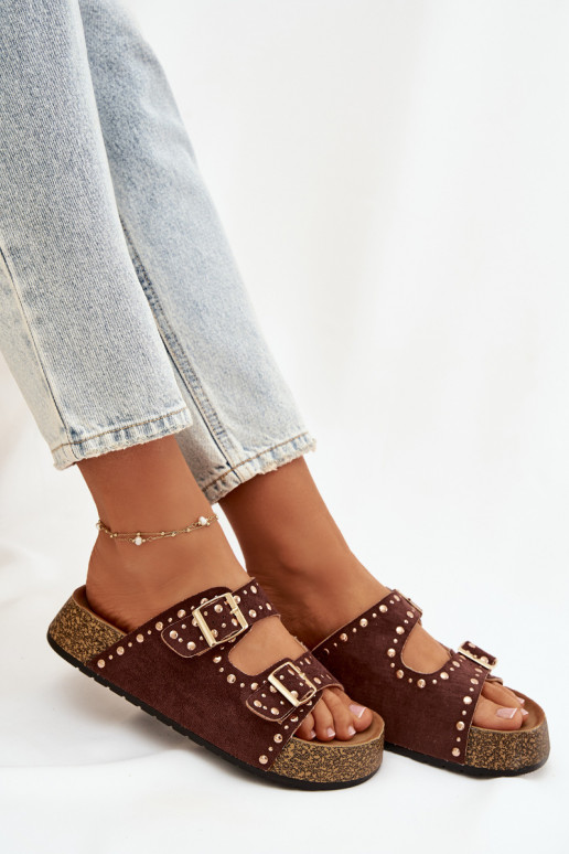 sieviešu čības Ze Zelta krāsasmi ar sprādzēmmi Un kniedes brūnas krāsas Tervina