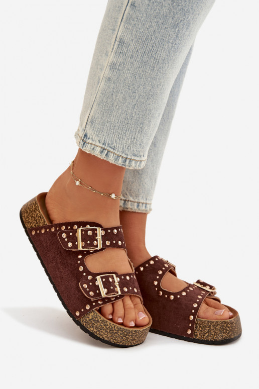 sieviešu čības Ze Zelta krāsasmi ar sprādzēmmi Un kniedes brūnas krāsas Tervina