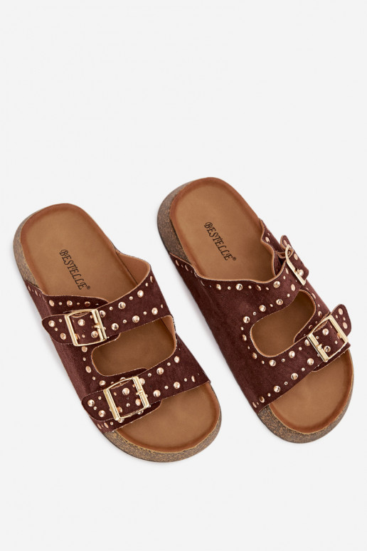 sieviešu čības Ze Zelta krāsasmi ar sprādzēmmi Un kniedes brūnas krāsas Tervina