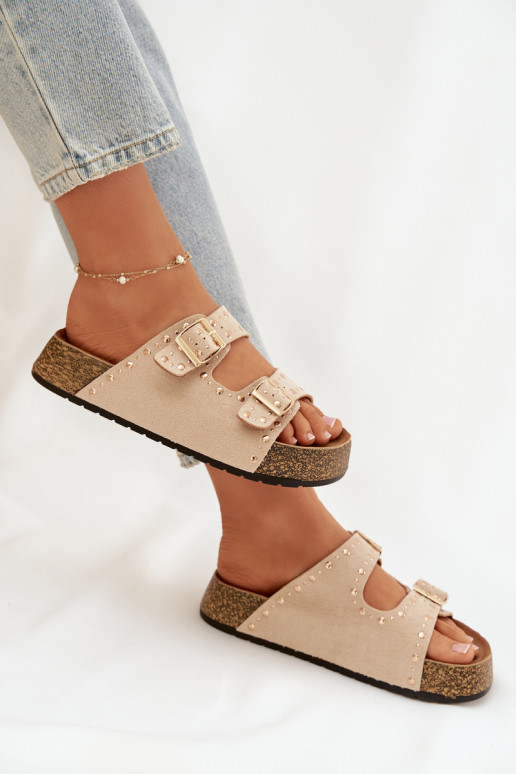 sieviešu čības Ze Zelta krāsasmi ar sprādzēmmi Un kniedes Ziloņkaula krāsas Tervina