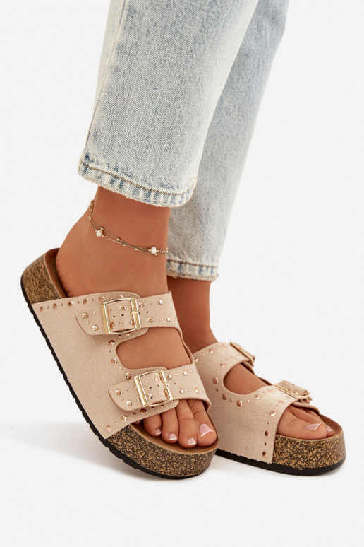 sieviešu čības Ze Zelta krāsasmi ar sprādzēmmi Un kniedes Ziloņkaula krāsas Tervina