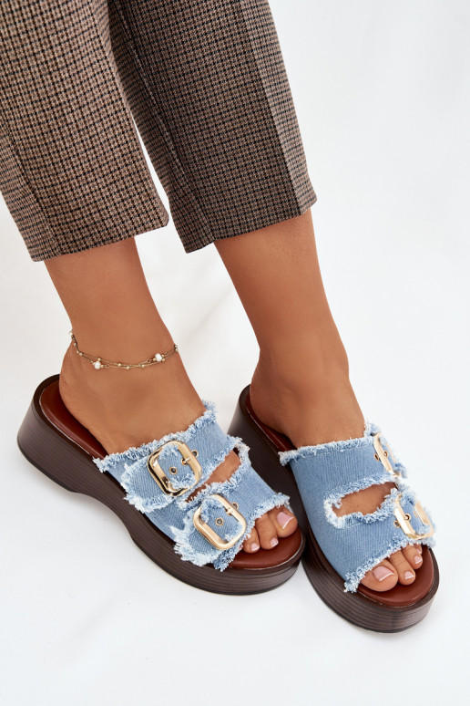 sieviešu čības ar platformu Ze Zelta krāsasmi ar sprādzēmmi Zilas krāsas Renelisse