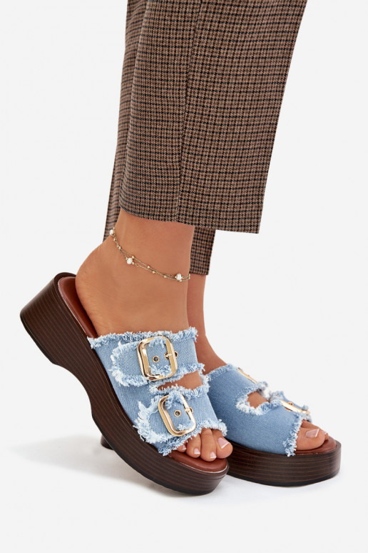 sieviešu čības ar platformu Ze Zelta krāsasmi ar sprādzēmmi Zilas krāsas Renelisse