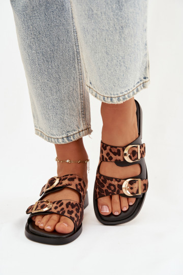 sieviešu čības Ze Zelta krāsasmi ar sprādzēmmi ar leoparda kažokādas rakstu melns un brūns Danelle 2