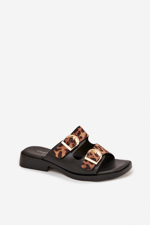 sieviešu čības Ze Zelta krāsasmi ar sprādzēmmi ar leoparda kažokādas rakstu melns un brūns Danelle