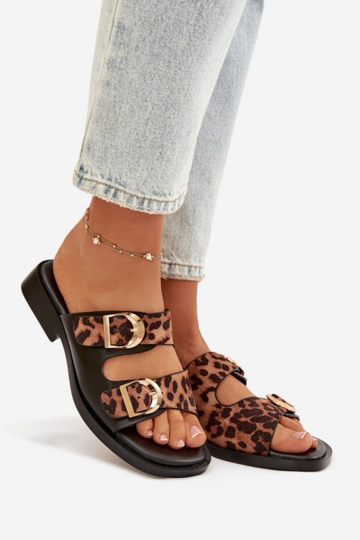 sieviešu čības Ze Zelta krāsasmi ar sprādzēmmi ar leoparda kažokādas rakstu melns un brūns Danelle