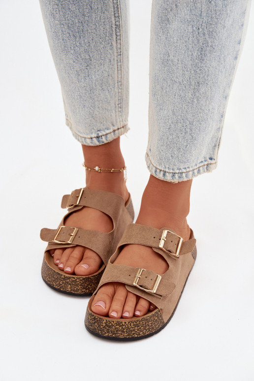 sieviešu čības Korkovas platformā Ze Zelta krāsasmi ar sprādzēmmi smilšu krāsas Tovessa