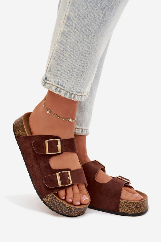 sieviešu čības Korkovas platformā Ze Zelta krāsasmi ar sprādzēmmi brūnas krāsas Tovessa