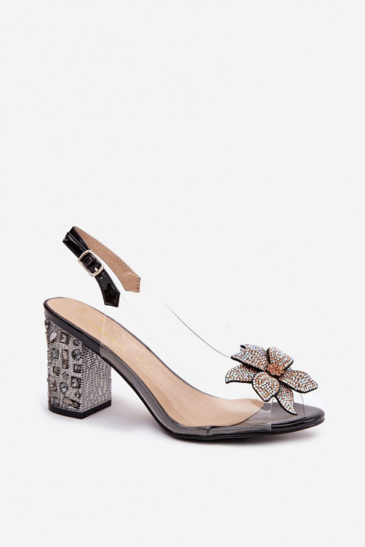 Melnas caurspīdīgas sandales D&A MR38-321 ar papēžiem un ornamentiem