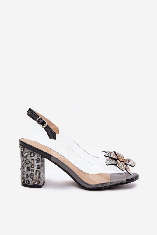 Melnas caurspīdīgas sandales D&A MR38-321 ar papēžiem un ornamentiem