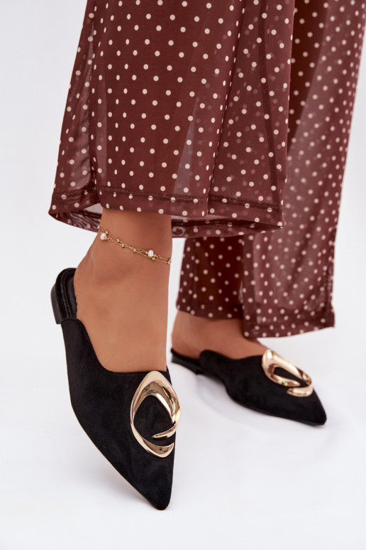 Sieviešu melnas „Mule" čības ar greznām zelta krāsas detaļām Galvella