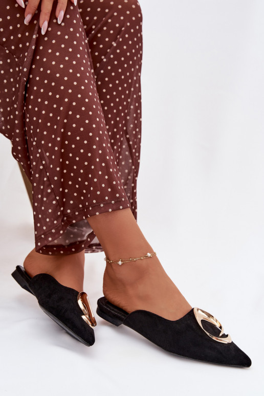 Sieviešu melnas „Mule" čības ar greznām zelta krāsas detaļām Galvella