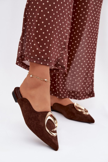 Sieviešu šokolādes krāsas „Mule" čības ar greznām zelta krāsas detaļām Galvella