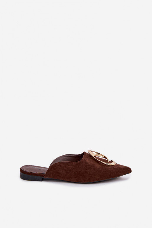 Sieviešu šokolādes krāsas „Mule" čības ar greznām zelta krāsas detaļām Galvella