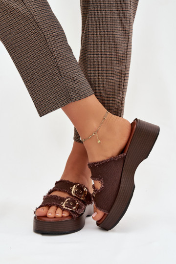 Sieviešu čības ar platformu zelta krāsā ar šokolādes krāsas sprādzēm 2