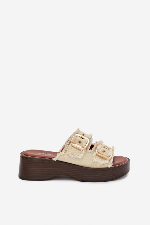 Sieviešu čības ar platformu zelta krāsā ar ziloņa kaula krāsas sprādzēm