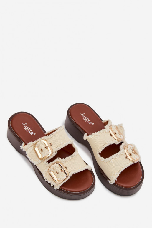 Sieviešu čības ar platformu zelta krāsā ar ziloņa kaula krāsas sprādzēm