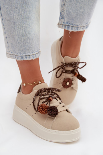 Smilšu krāsas Corinna sieviešu platformas sporta apavi ar grezniem pomponiem